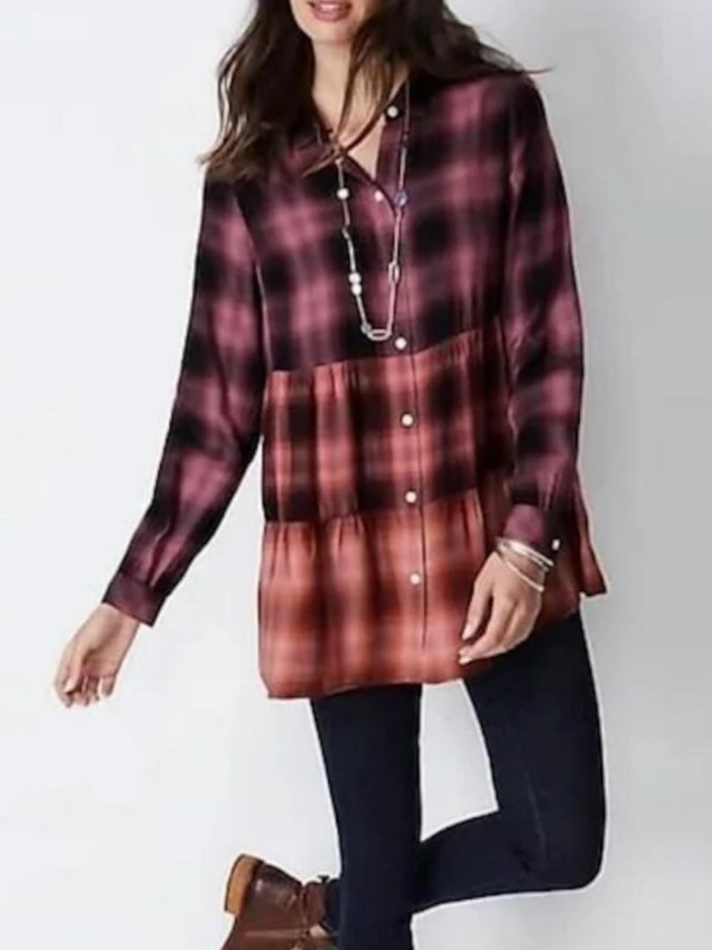 J. Jill Women’s XL Mixed Plaid Button Front Tunic Top | Cotton Modal |